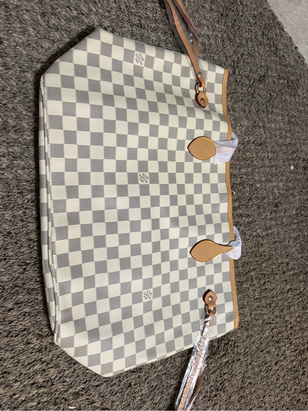 Ivory Checkered Shoulder Tote with Tan Trim